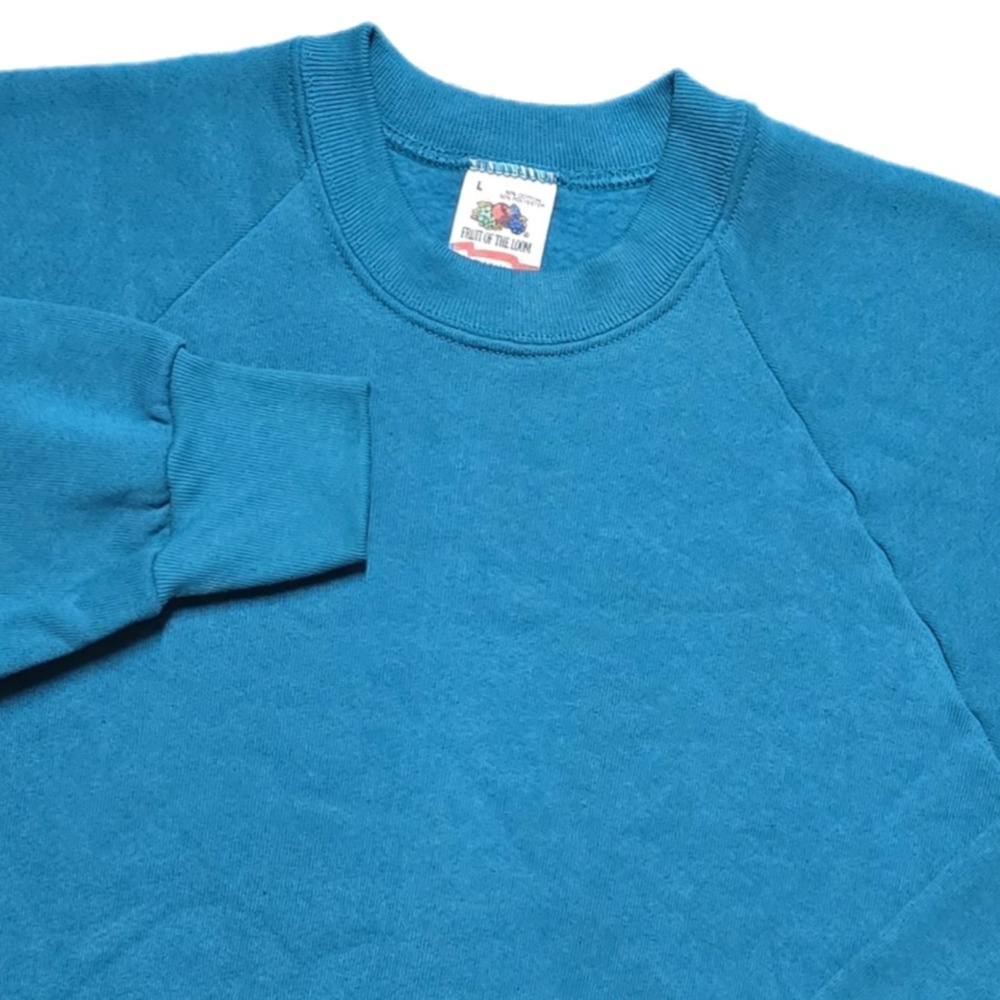 VTG 80s Fruit of the Loom Sweatshirt Mens Large Teal Blank Crewneck USA Made EUC